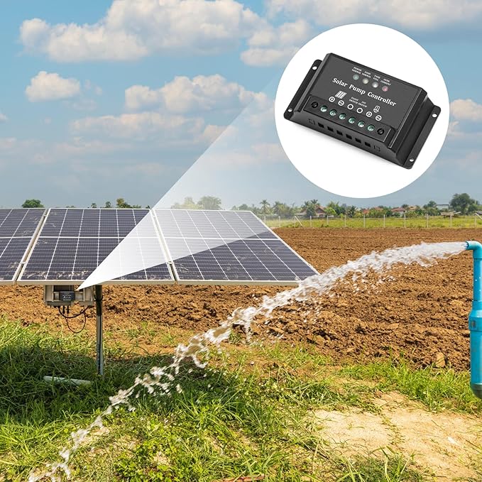 10A Solar Water Pump Controller, Zuomeng DC Pump Controller Compatible with 12V and 24V Systems, Featuring LED Display Light and Overcurrent/Overload Protection