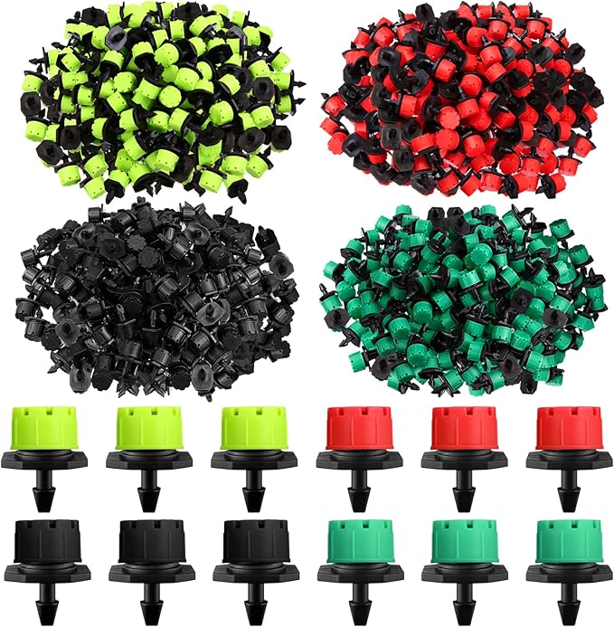 Yaocom 600 Pcs Sprinkler Irrigation Drippers, 1/4 Inch Barbed Drip Emitter, 360 Degree Watering Adjustable Suitable Anti-Clogging Drippers for 4mm/7mm Garden Watering Tubing System (4 Colors)