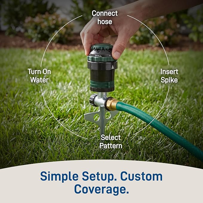 Orbit H2O-Six Gear-Drive Sprinkler on Metal T-Spike - Customizable Lawn Watering Coverage - Multi-Pattern Rotating Head with Adjustable Spray Range - Durable Outdoor Yard Irrigation Sprinkler - 58573