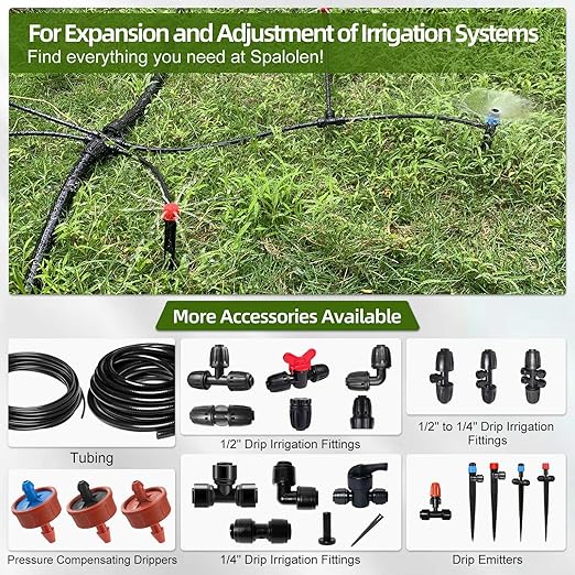 24 Pack 1/2 Inch Drip Irrigation Fittings Kits, 3/4" to 1/2" Adapter and Tee | Elbow | Coupler Connectors | End Caps | Shut Off Valve for 1/2" Drip Irrigation Tubing, Anti-Leak Drip Irrigation Parts