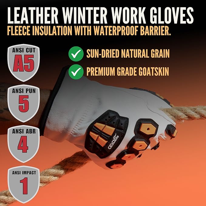 Cestus 5219, Leather Winter Work Gloves for Men, Fleece Insulated for Cold Weather, ANSI A5 Cut-Resistant Impact Gloves