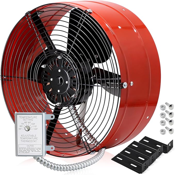 Hiorucet Upgraded 15 Inch Gable Vent Fan, 1300CFM 1850 SQF Low Noise Attic Exhaust Fan with Adjustable Thermostat, 14 Inch Blade and Permanently Lubricated Motor, 1075RPM Gable Mount Fan, Red