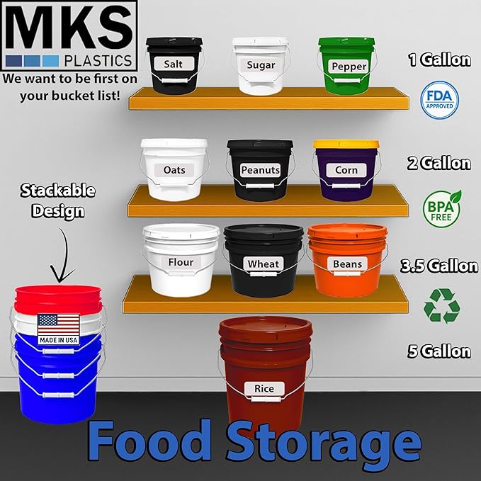 MKS Plastics 5-Gallon Bucket with Airtight Lid – Made in USA, Food Grade BPA Free Plastic, Heavy Duty Multi-Use, Metal Handle with Grip, Stackable Storage – Burgundy, 1 Pack