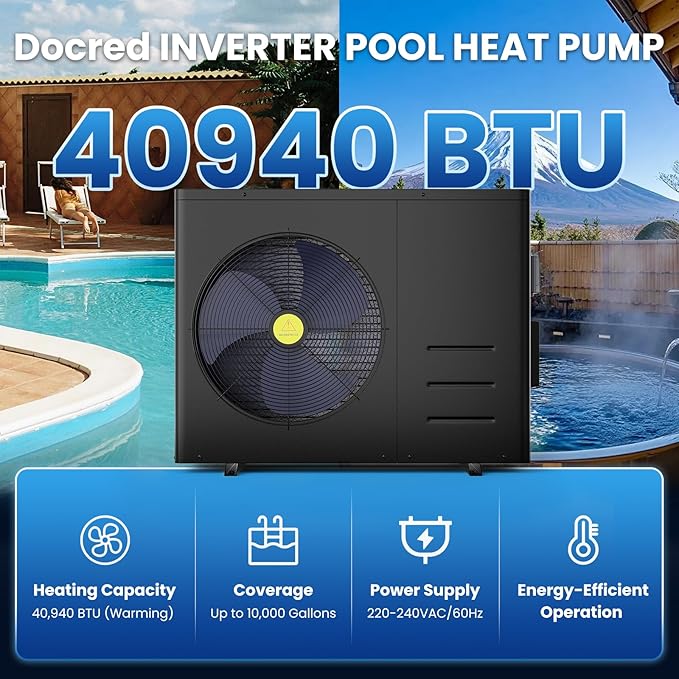 DoCred 40,940 BTU Inverter Swimming Pool Heat Pump, Pool Heater for Above Ground and Inground Pool up to 10,000 Gallons, Smart WiFi Control, COP 13.82, Timer, 220-240 V