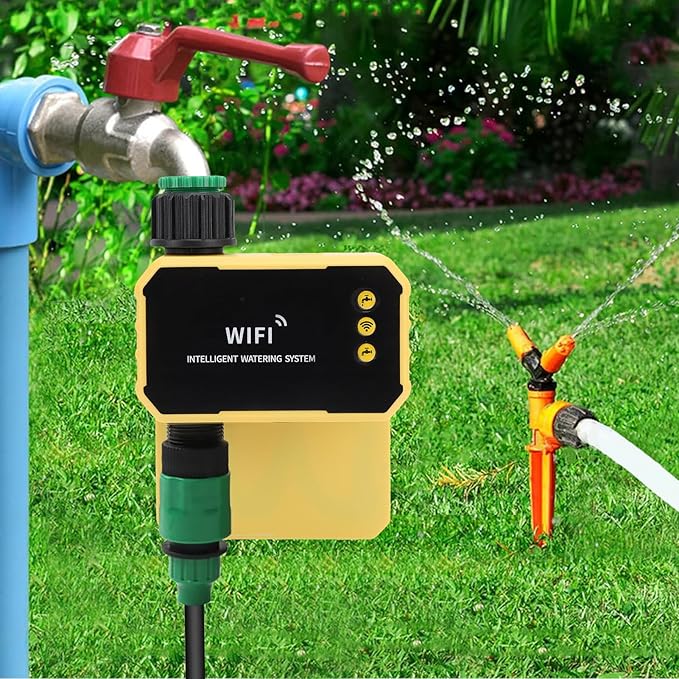 Eujgoov WiFi Solar Sprinkler Timer, Automatic Watering Controller with Rain Sensor and App Control for Villas Balconies Rooftop Gardens