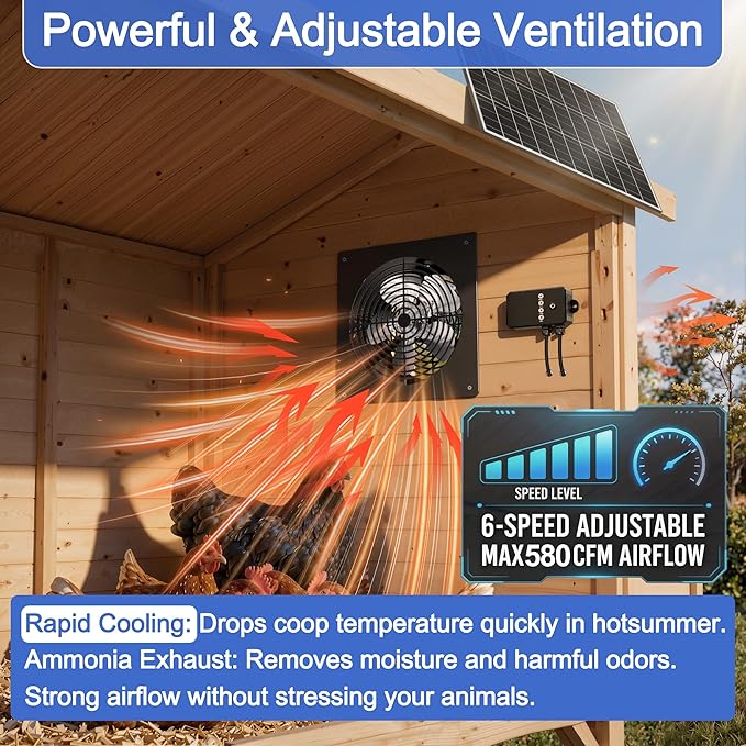 Solar Fan for Chicken Coop & Greenhouse, 6-Speed Reversible Airflow Vent System, Smart Wireless Remote & 17ft Cable