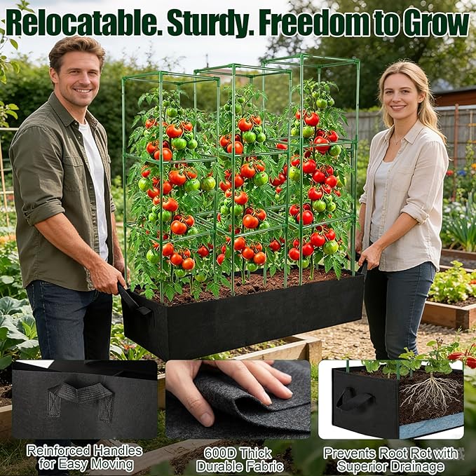 BobbleT 3 Pack Heavy Duty Tomato Cages with 86 Gallon Grow Bag, 41" Adjustable Tomato Trellis for Raised Garden Bed, Sturdy Square Plant Support for Climbing Vegetables, Cucumbers & Garden Plants