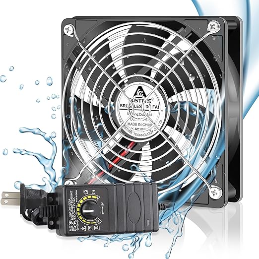 GDSTIME 120mm Waterproof Fan with Speed Controller, IP67 12V Computer Fan with AC Plug, 110V 120V 220V AC Powered Ventilation Exhaust Fans for Receiver Terrarium Biltong Box Grow Tent Cabinet Cooling