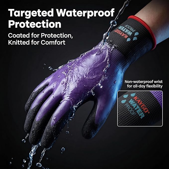 KAYGO Waterproof Work Gloves for Men and Women, Rubber Coated Non-slip Working Gloves for Garden, Outdoor Construction,KG150,Purple,XS