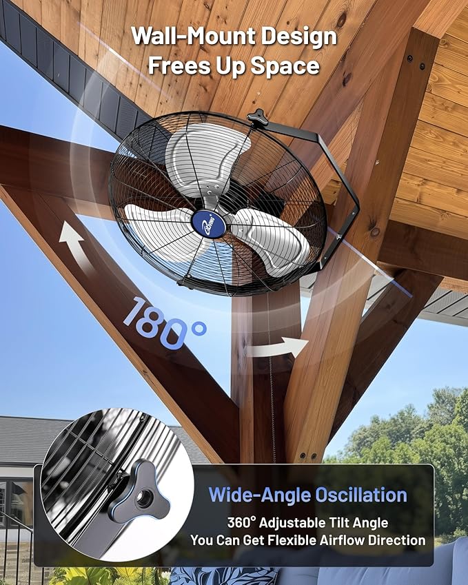 iLiving Wall Mounted/Floor Stand Variable 20 Inches Speed Indoor/Outdoor Fan, Industrial grade for Patio, Greenhouse, Garage, Workshop, and Loading Dock, 4650 CFM, Black