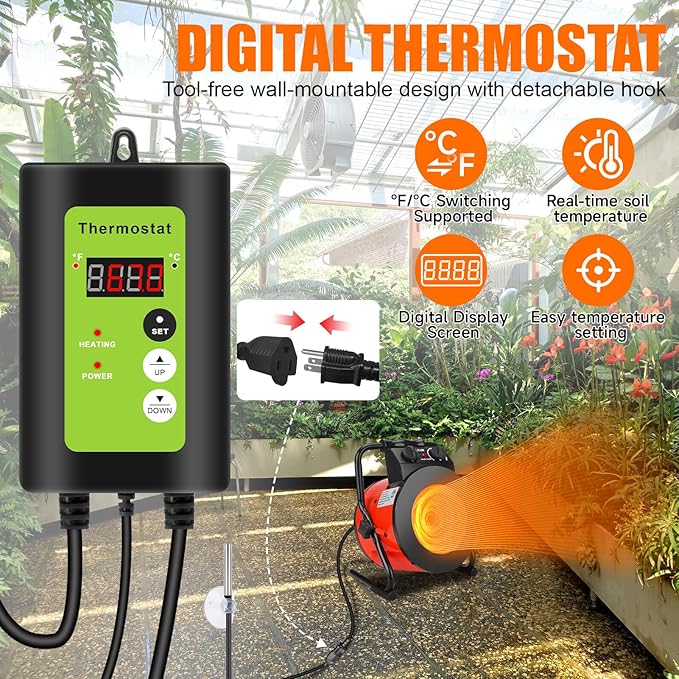 Greenhouse Heater with Thermostat, Outdoor Heaters for Patio, Fast Heating, Overheat Protection, Electric Space Heaters for Winter Plants, Grow Tent, Green House, Flower Room, Garage, Patio