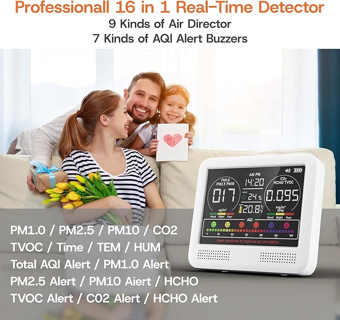 16-in-1 Indoor Air Quality Monitor with PM1.0,PM2.5,PM10,CO2,HCHO,TVOC,Temperature,Humidity,Time Display &7 AQI Alarms – Professional Air Quality Tester for Home, Office & Indoor Use (Ivory White)