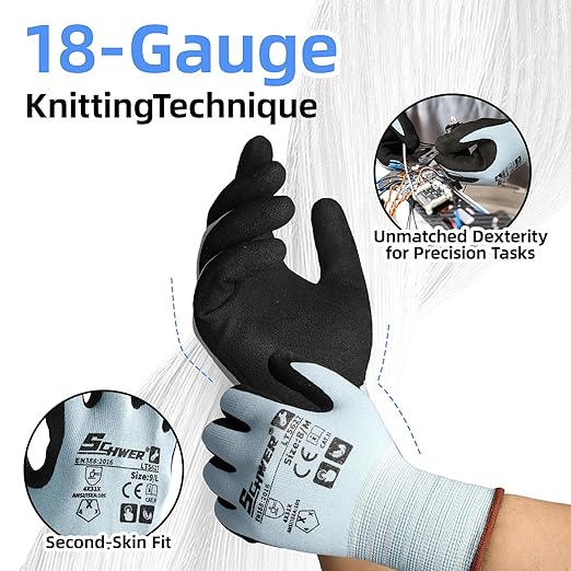 Schwer 6 Pairs Safety Work Gloves with Sandy Nitrile Coating, Extreme Fiber-Abrasion Resistance(Level 6-Certified) Heavy Duty Working Glove with Grip for Men Women, A2 Cut Glove, for Construction, XL