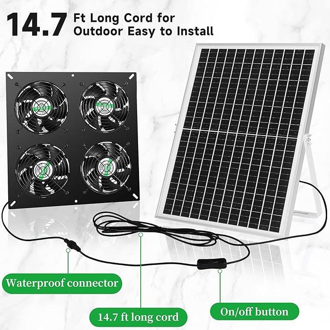 blessny 25W Solar 4 Fan Kit for Outdoor Greenhouse, Solar Powered Vent Exhaust Ventilation Fan for Chicken Coop, Shed Air Circulation, 14.7 Ft Long Cord with IP65 Weatherproof Rate