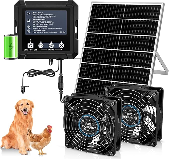 25W Smart Solar Fan for Chicken Coop w 2500mAh Battery, Greenhouse Solar Powered Fan w 3 Modes, IP65 Waterproof Solar Exhaust Fan for Dog House Vent Shed Garage Cooling
