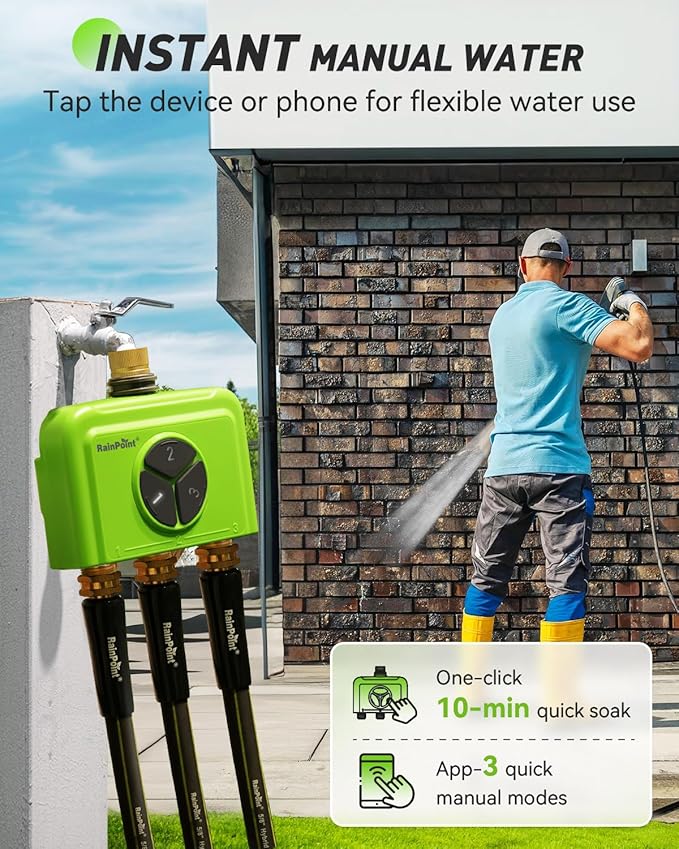 RAINPOINT 3-Zone WiFi Add-On Water Timer (Gateway Not Included), Brass Inlet/Outlet WiFi Hose Timer, Expands Smart Irrigation System, Works with RAINPOINT Home APP Series Gateway, Smart Watering