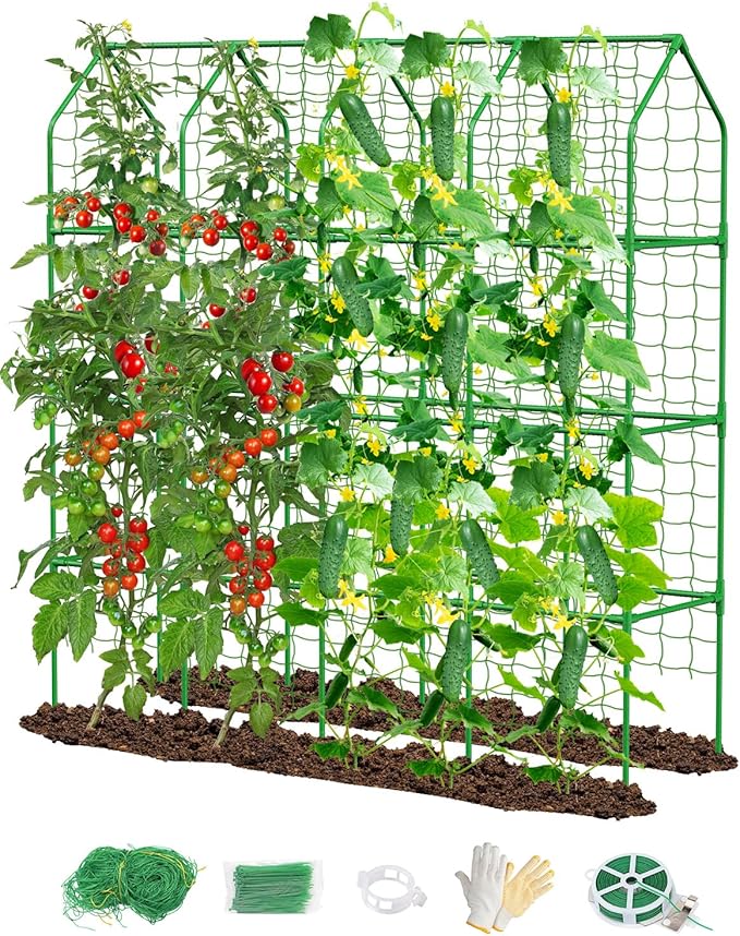 65" Cucumber Trellis for Climbing Plants Outdoor, Metal Garden Trellis for Raised Bed, Plant Support Structures with Netting for Cucumbers Tomatoes Beans Peas (67 * 17 * 65inch(L*W*H), Trellis)