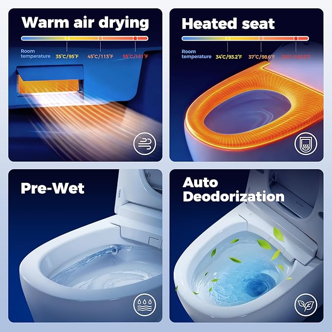 Smart Toilet Instant Warm Water, Heated Seat, Auto Open/Close, Pump-assited Powerful Auto Flush，Self Cleaning Nozzle, Water Filter, ADA Comfort Height, Night Light, Air Dryer,Built In Tank & Bidet