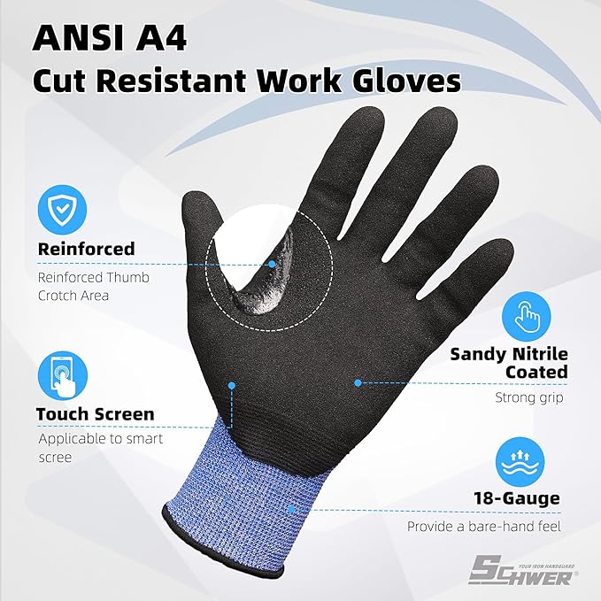 Schwer 6 Pairs ANSI A4 Cut Resistant Work Gloves with Extreme Lightweight & Thin, Sandy Nitrile Touchscreen Safety Working Gloves with Grip, 3D-Comfort Fit, Flexible and Breathable, M, AR3900