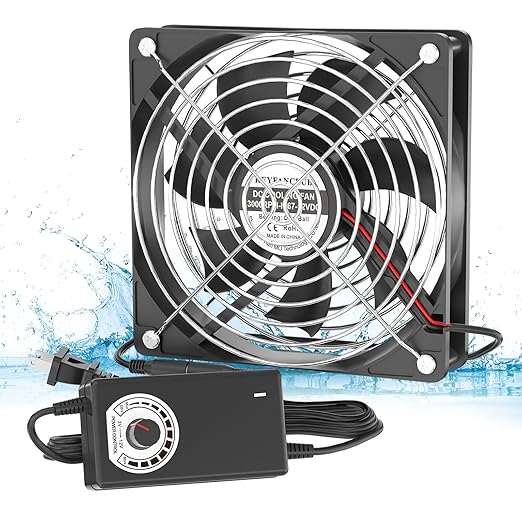 IP67 Waterproof Small 12V Variable Speed Computer Fan with AC Plug, KEYFANCLUB 110V 120V 220V AC Powered Ventilation Exhaust Fan for Receiver Terrarium Biltong Box Grow Tent Cabinet Cooling