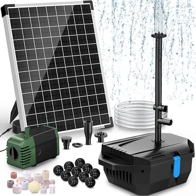 POPOSOAP 20W Solar Pond Filter with Fountain Pump, Solar Pond Pump and Filter Kit for Outdoor Pond Filter Box with Bio Media for Water Gardens, Ponds Up to 280 Gallons P3202