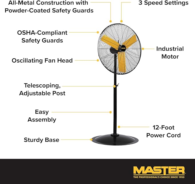 Master 30 Inch Oscillating Industrial High Velocity Free Standing Pedistal Fan for Commercial, Shop or Garage, All Steel Construction (MAC-30POSC)