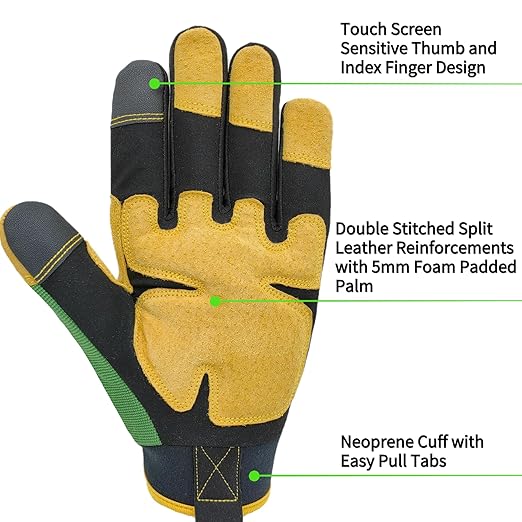 Multi-Purpose Work Gloves Men,Utility Yard Working Safety Glove with Touch Screen,Green+Yellow,X-Large