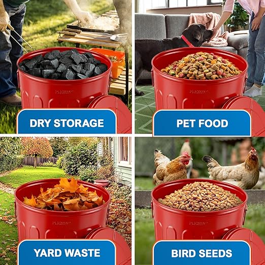 Plexon 20 Gallon Metal Trash Can with Lid Outdoor Large Trash Bin Steel Garbage Can for Garage Patio Farmhouse Bucket Bird Seed Storage Can Heavy Duty Round Container, Red