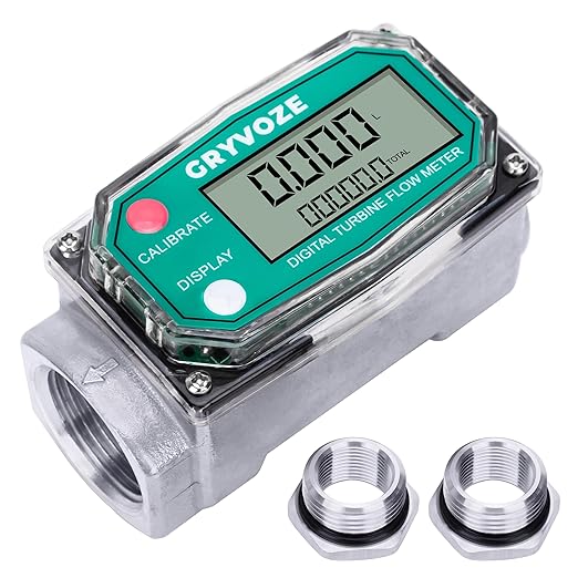 1 Inch Digital Turbine Fuel Flow Meter, 2.6-26 GPM Inline NPT Thread Flowmeter with 3/4 in Adapters for Water, Diesel, Gas Oil, Gasoline, and Other Liquids - Supports Gallon, QTS, PTS, L, m³
