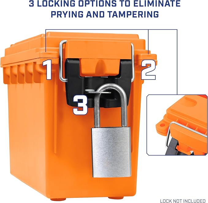 Sheffield 12630 Ammo Storage Box, Stackable .30 Cal Field Boxes, Water and Dust Resistant, Lockable Storage Box with Handle, Secures Hunting Gear, Supplies, and Bullets, Made in USA, Orange, 1-Pack