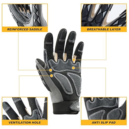 Safety Work Gloves Men Women, TPR Impact Gloves for Men Women, Anti-Vibration Gloves, Touch Screen Heavy Duty Work Glove for Gardening Construction Mechanic, Leather Tactical Glove, Medium