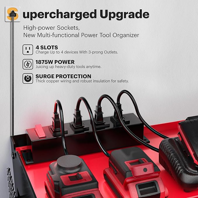 Spampur Power Tool Organizer Wall Mount with Charging Station, Tool Battery Holder with 4 Outlet Power Strip, 15 Min Assembly & Maximum 100lb Load by Heavy Duty Metal, 4 Slots for Cordless Drill