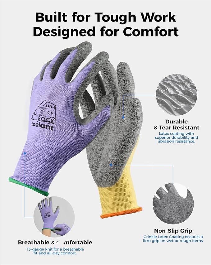 toolant Crinkle Latex Work Gloves Bulk, Rubber Coated Safety Work Gloves for Men and Women, 12 Pairs for Construction, Gardening, Warehouse (Purple & Yellow, Small)