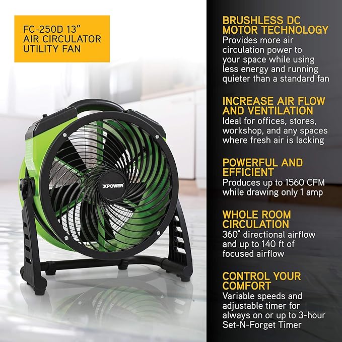 XPOWER FC-250D DC Motor Heavy Duty Industrial High Velocity Whole Room Air Mover Air Circulator Utility Floor Fan, Variable Speed, Timer, 13 inch, 1560 CFM