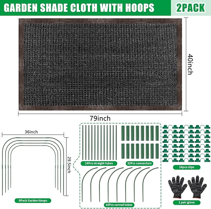 2 Pack 79"x40" Garden Shade Kit, 70% Garden Sun Shade Cloth with Hoops for Plants Heat Protection, Raised Garden Bed Shade Cover Plant Sun Shade for Outdoor Plants Vegetables