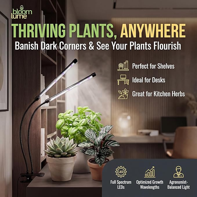 Bloom Lume LED Grow Lights for Indoor Plants Full Spectrum - Features Multi Mode Color Spectrums, Dimmable, Auto Timer, Clip on Goosneck Plant Lamp