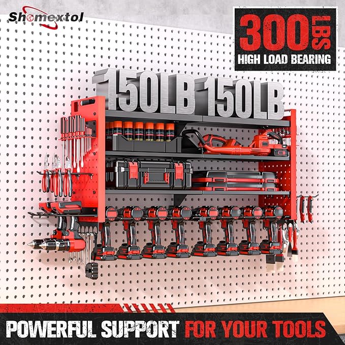 Heavy Duty Power Tool Organizer Wall Mount,Garage Organization with 10 Drill Holder, 4 Layers Tool Organizers and Storage for Workshop,Red