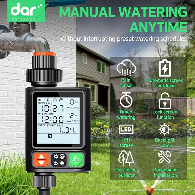 Sprinkler Timer for Garden Hose, Upgrade 10 Program Water Timer with Auto Rain Delay, IP54 Waterproof 3.3“ Large LCD Drip Irrigation System Timers for Plant, Yard, Lawns, Outdoor