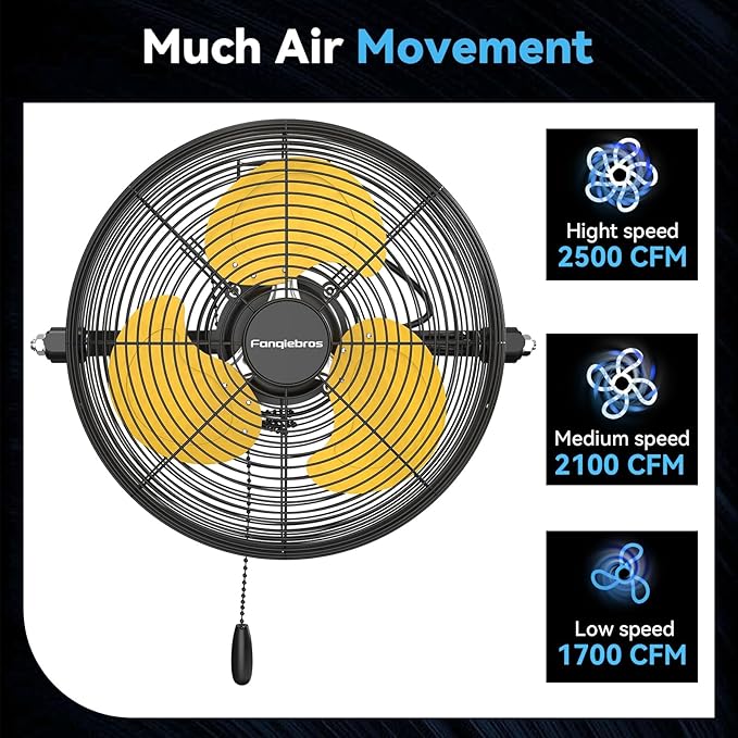 12 Inch High Velocity Wall Mount Fan, 2500 CFM Industrial Metal Air Circulator, 3-Speed Commercial Wall Fan with 180° Tilt, Pull Chain, for Garage, Workshop, Gym, Patio - UL Listed