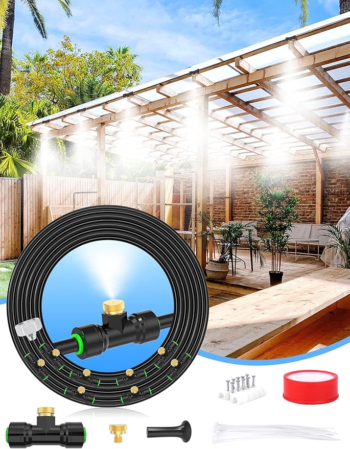 Lekit Misters for Outside Patio 27.5FT(8.4M)+8 Brass Mist Nozzles+a Brass Adapter(3/4") Detachable Outdoor misting Cooling System for Garden, Waterpark, Greenhouse, Backyard