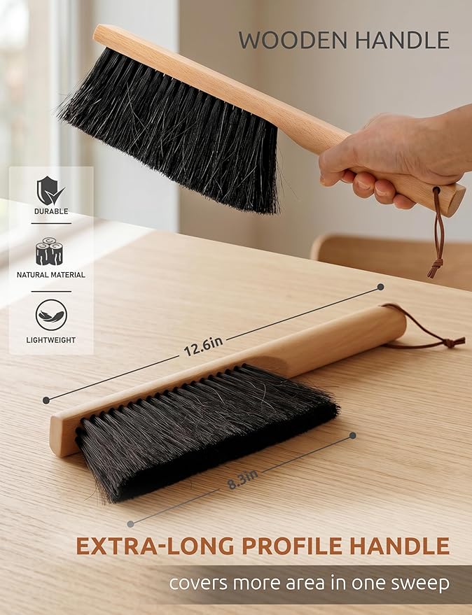 Takavu Multi-Purpose Counter Brush with Solid Wood Handle, Natural Horsehair Bristles for Gentle Dusting of Furniture, Drafting, Patio, Fireplace Cleaning, Shop Brush, Woodworking Tool & Accessories