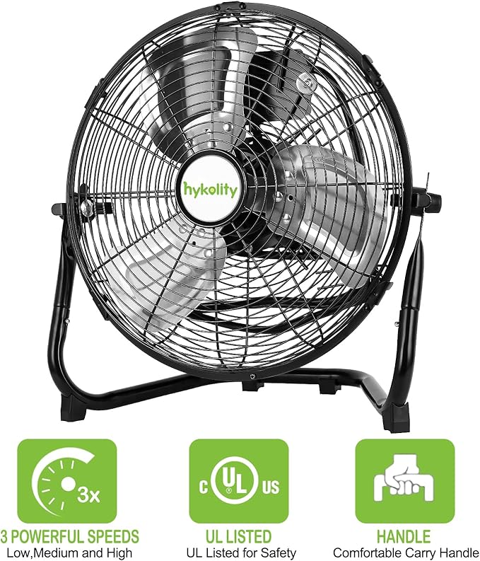 hykolity 1650 CFM 12" High Velocity Floor Fan, 3-Speed Powerful Airflow Fan, Heavy Duty Metal Fan with 180-Degree Tilt for Bedroom, Home, Residential Use, 2 Pack