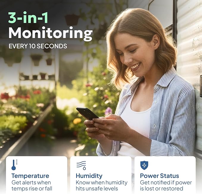 Cellular Temperature Monitor - Remote Power Failure Alarm & Humidity Sensor with Unlimited Alerts. Temp Monitoring System for RV Pet Safety, Vacation Home, Server Room. No Fees or WiFi Required