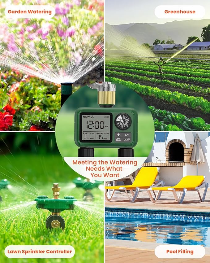 2 Zones Brass Inlet & Outlet Water Timer for Outdoor Garden Hose, Sprinkler Timer for Garden Faucet with Auto/Manual/Rain Delay Mode, Sprinkler Irrigation Controller for Yard Lawn