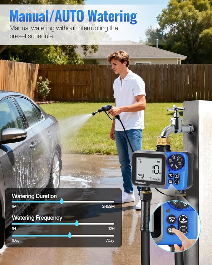 Brass Water Timer for Garden Hose, 2 Zone Sprinkler Timer, Automatic Irrigation System/Rain Delay/Manual Watering, Programmable Watering for Lawn, Yard, Drip Irrigation C92WT06