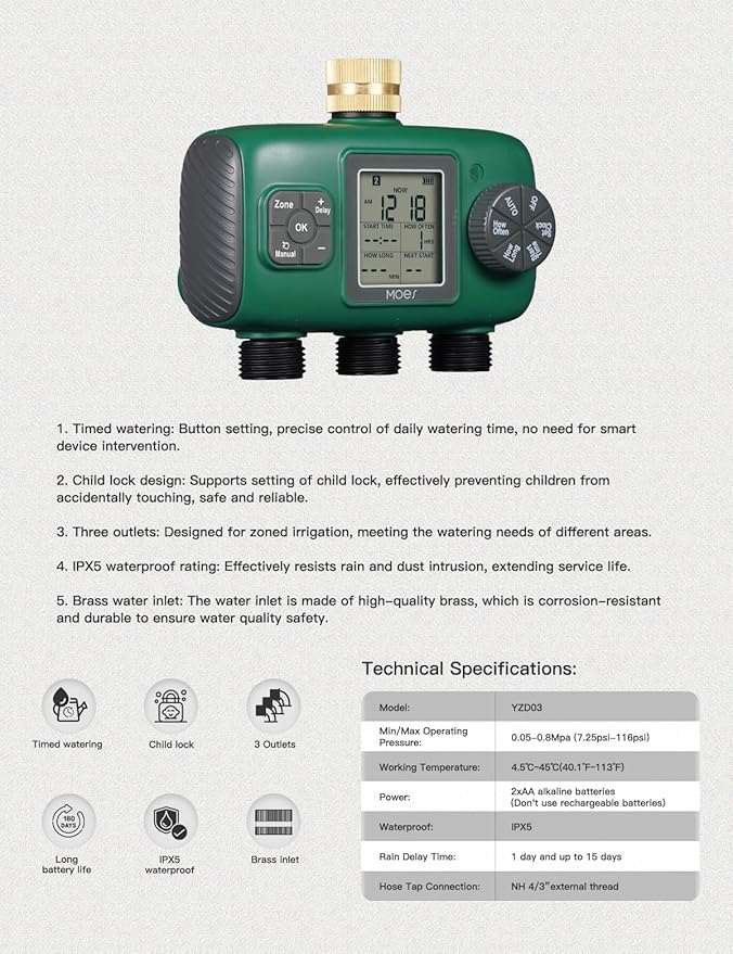 MOES 3 Outlet Sprinkler Timer, Brass Inlet, Programmable Automatic Irrigation Controller, Rain Delay, Manual Watering, 3 Zone Water Hose Timer for Gardens, Lawns