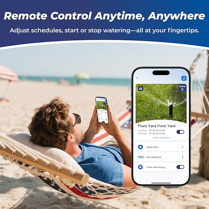 Smart Sprinkler Controller, 6 Zones Wi-Fi Irrigation System, Hyper-Local Weather Intelligence, Automatic Rain Skip, Compatible with Alexa
