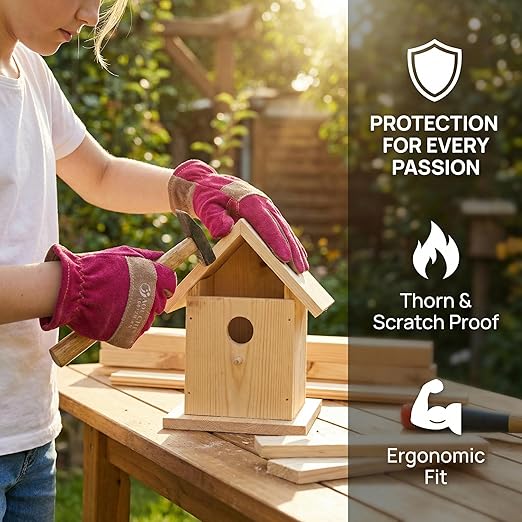 Leather Work Gloves for Women with Cotton Lining, Thorn Proof Gardening Gloves for TIG/MIG Welding, Construction (Rose Red, X-Small)