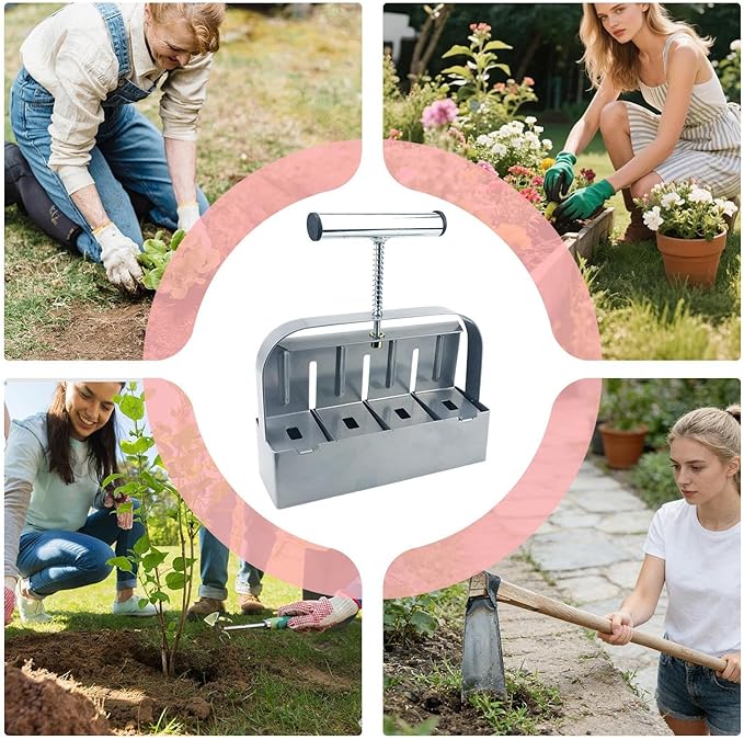 Soil Blocking Tool - Manual 4 Cell Steel Compactor, Ergonomic Non Slip Handle Block Former | 2 Inch Seed Starter Handheld Press Device, Heavy Duty Gardening Equipment for Transplanting Cutting