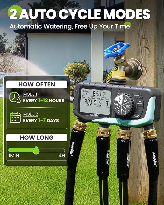 RAINPOINT Sprinkler Timer 4 Zone, Water Timer for Programmable, for Soaker Hose with Rain Delay/Manual/Automatic Watering System, Digital Irrigation for Yard, Lawn